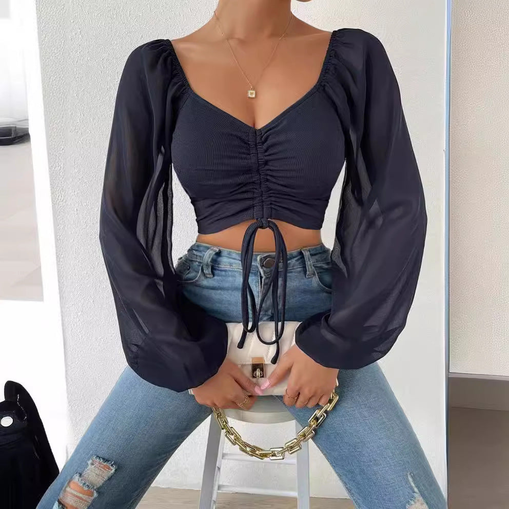 Women's Summer Chiffon Drawstring Lantern Sleeve Skinny Fashion Tops