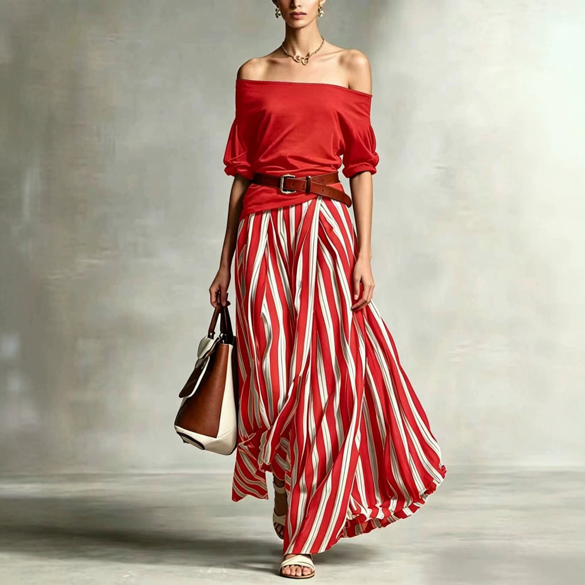 Women's Puff Sleeve Vertical Stripes Draping Striped Fashion Casual Suit