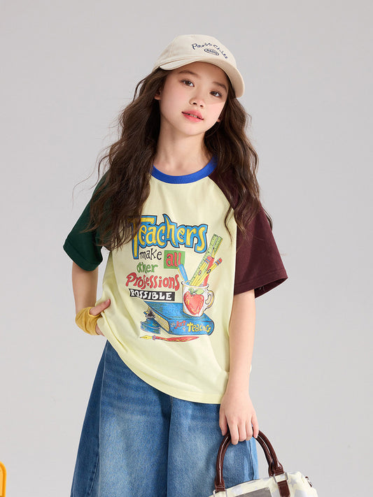 Children's Pudding Summer Raglan Sleeve Retro All Cotton Children's T-shirt