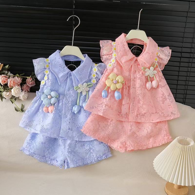 Korean Style Single-breasted Floral Thin Summer Regular Flying Sleeve Children's Suit