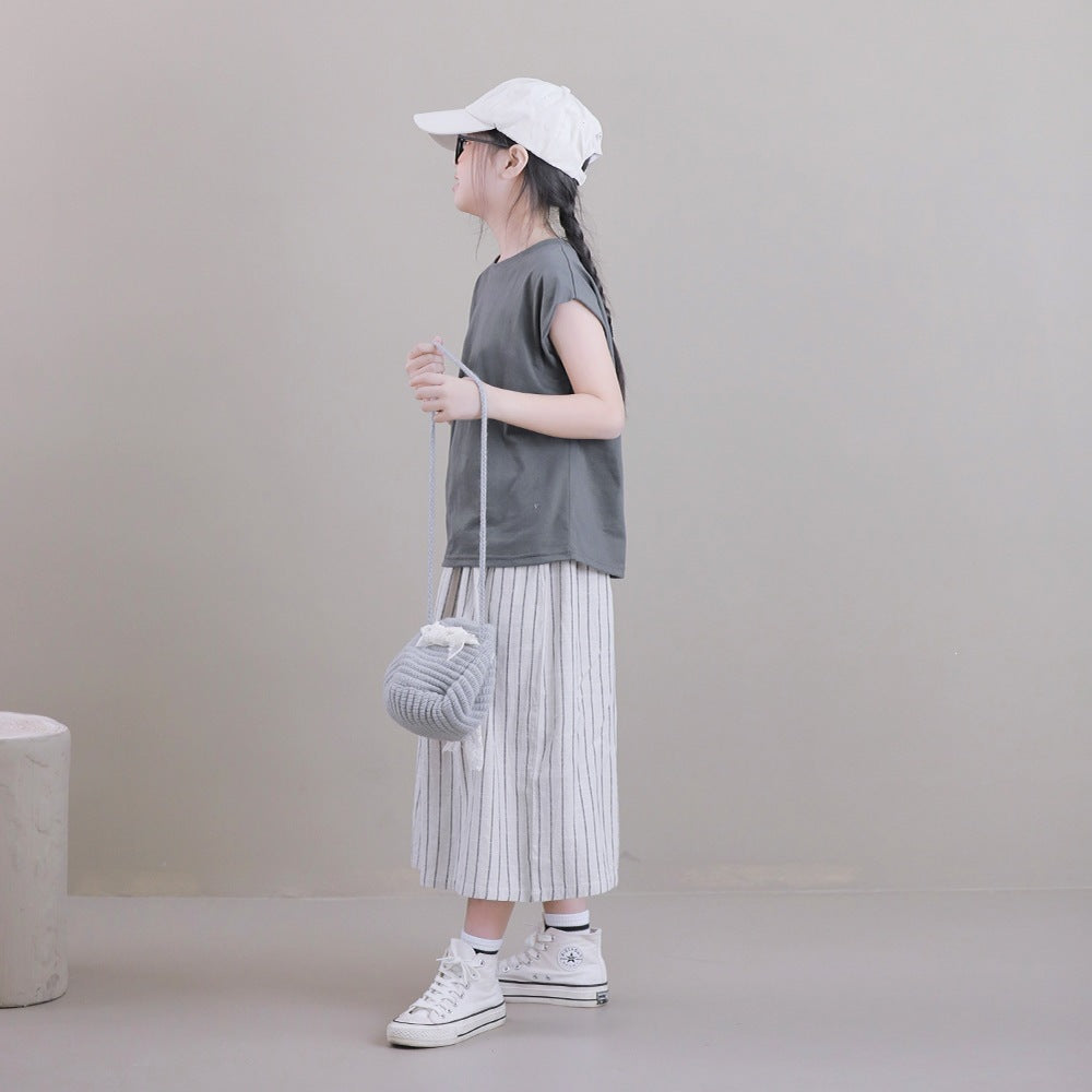 Large Loose Casual Pure Cotton Elastic Waist Culottes Small Cropped Children's Pants