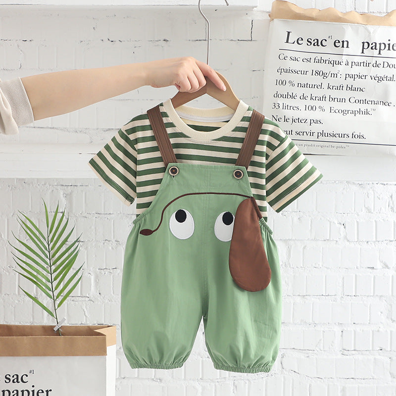 Set Korean Cartoon Striped Overall Short-sleeved Shorts Children's Suit