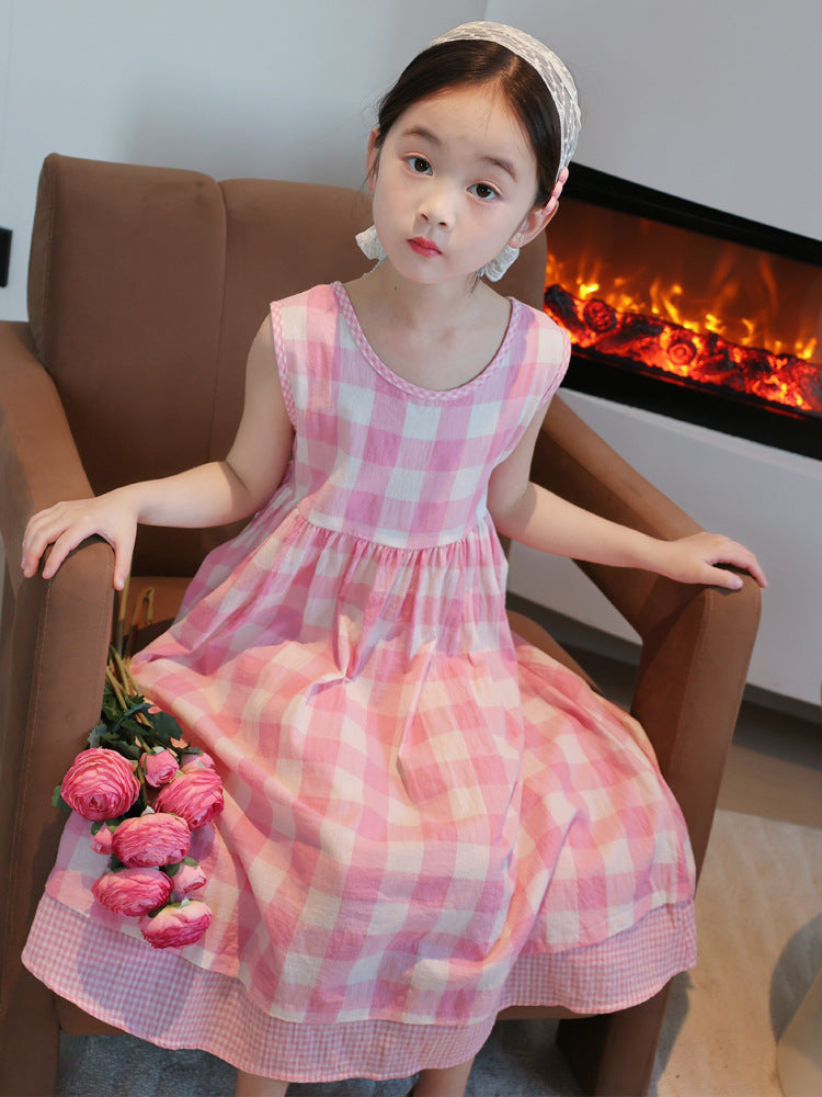 Pink Summer Seaside Skirt Sleeveless Cotton Children's Dress