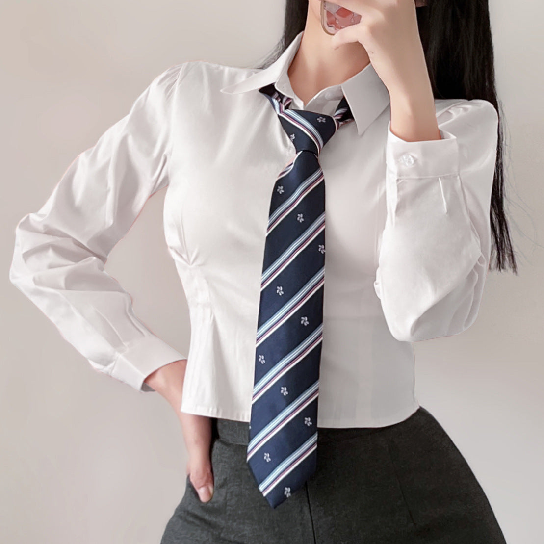 Women's Korean Elastic Puff Sleeve Pink Waist Trimming Shirt Hip Blouse
