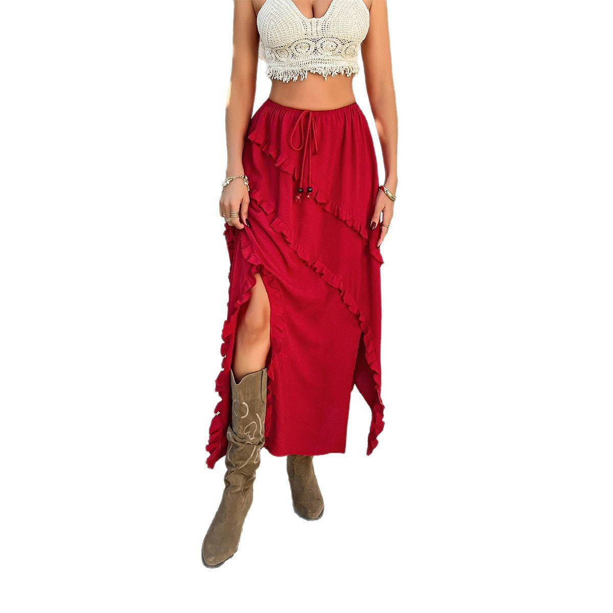 Women's Style Solid Color Flounce Trim Lace Up Tight Waist Mid-length Skirts