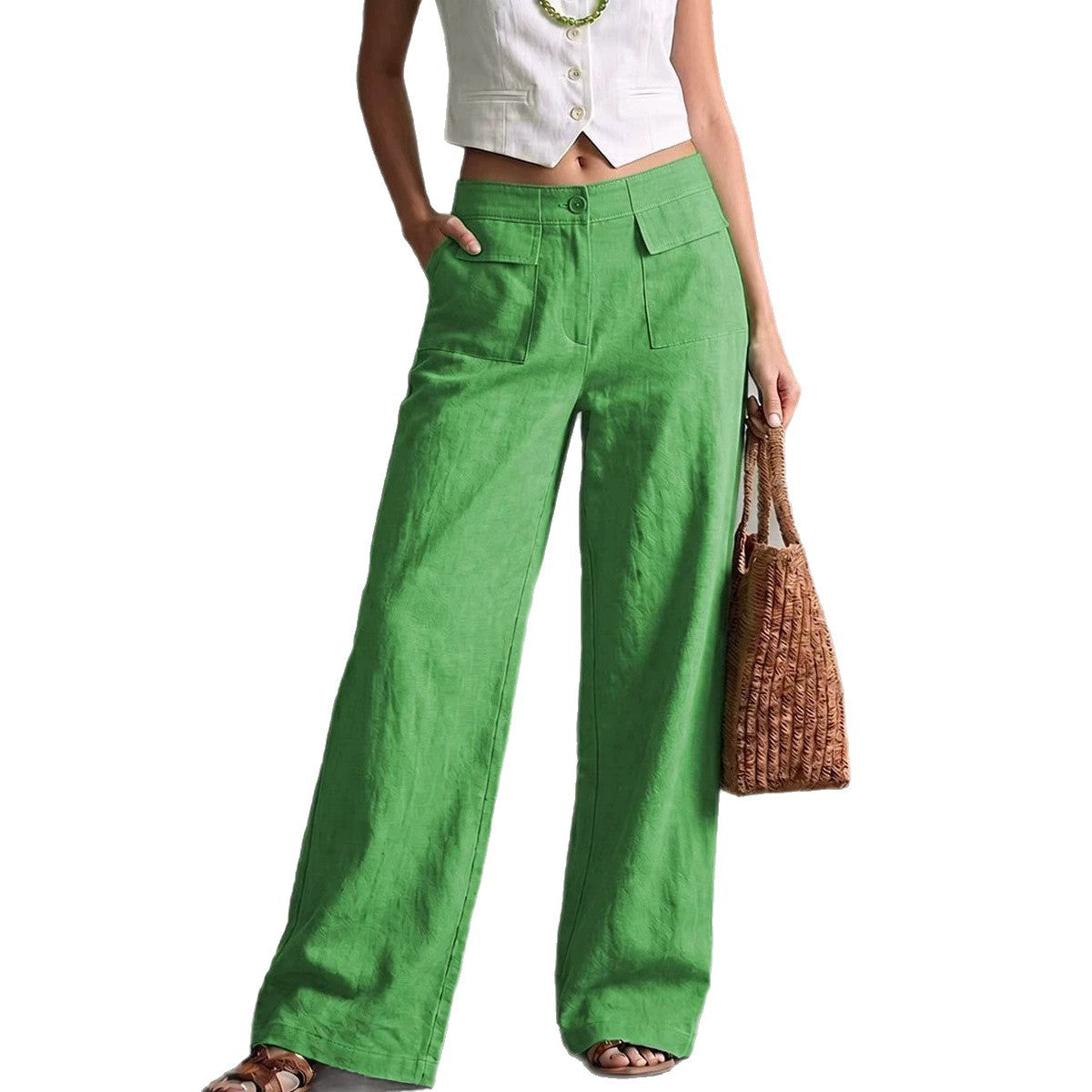 Women's Solid Color Cotton Linen Loose Trousers Casual Pants