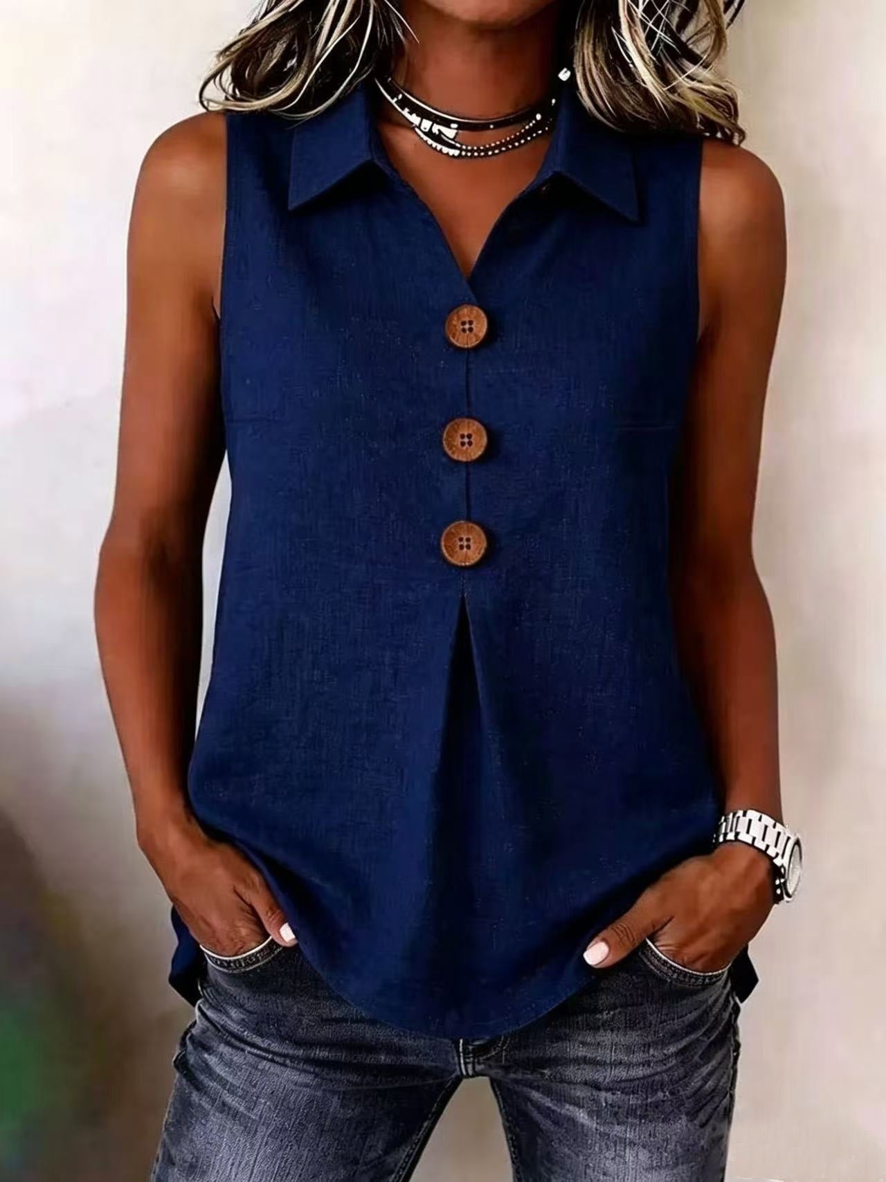 Women's Fashion Simple Lapel Cotton Linen Button Small Vest/suspenders/tube Top