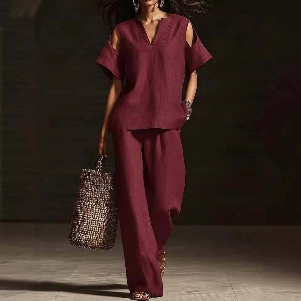Women's Cotton Linen Solid Color Hole Fashion Casual Suit