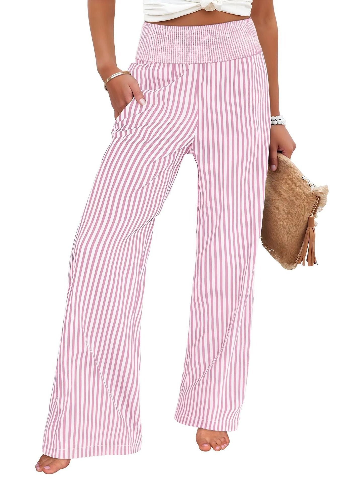 Women's Striped Smocking Trousers Fashion Loose Casual Pants