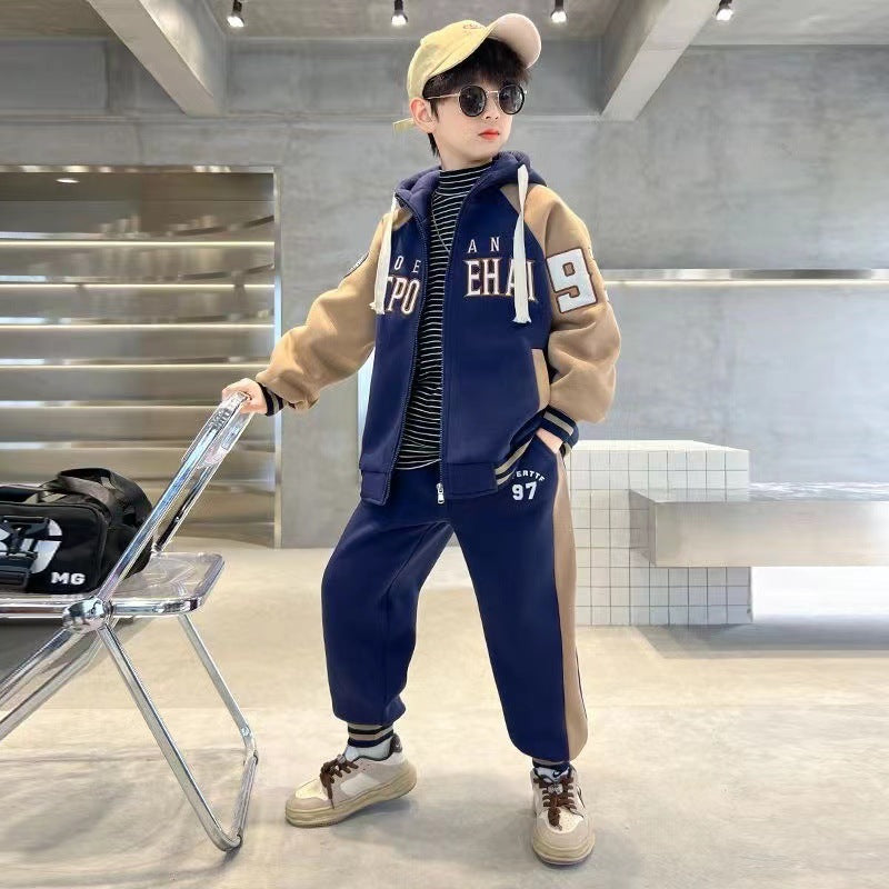 Clothing Medium Large Winter Fleece-lined Thickened Cool Handsome Children's Suit