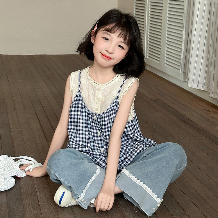 Summer Sweet Plaid Fake Two-piece Top With Jeans Medium Big Children's Suit