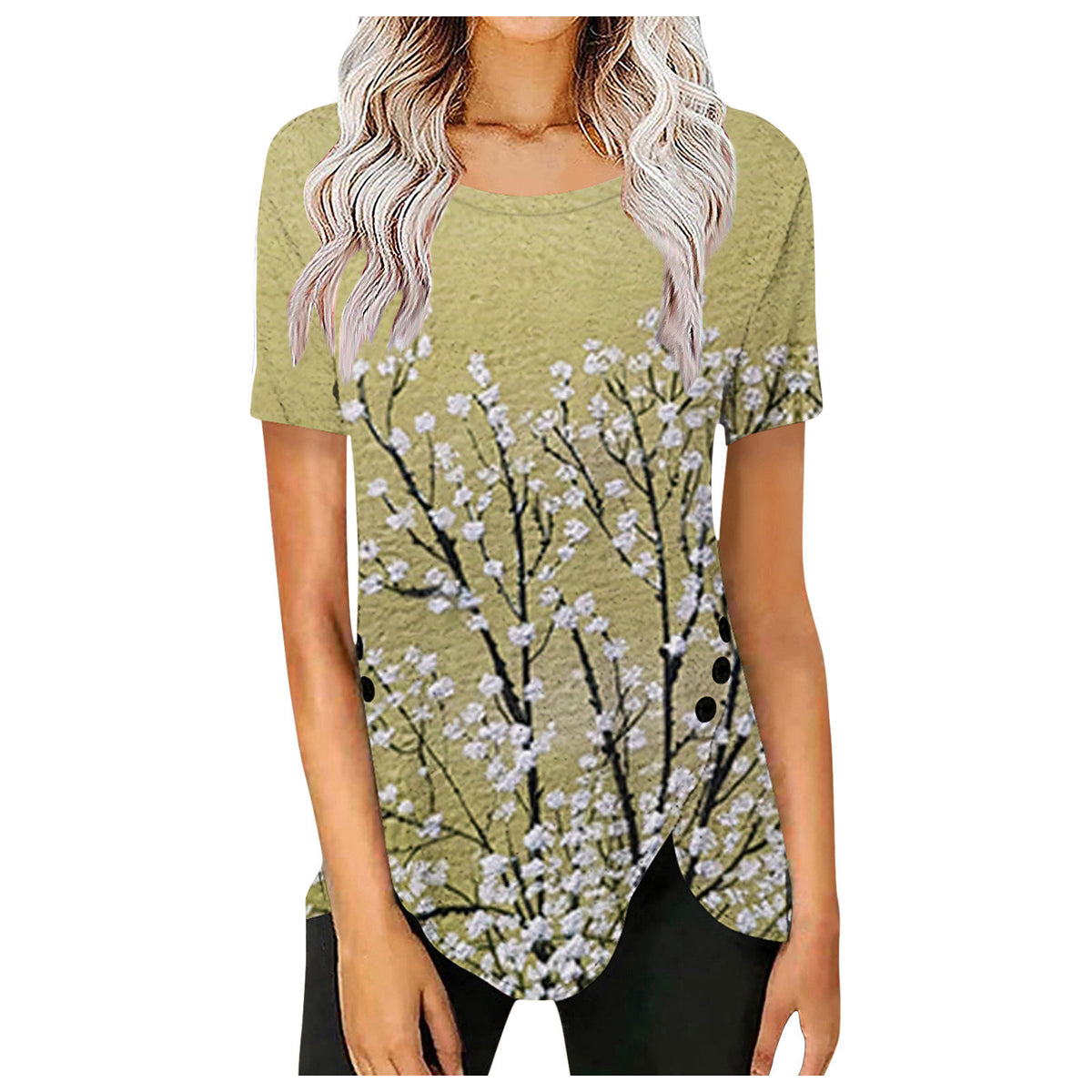 Women's Retro Button Gradient Printing Round Neck Shorts
