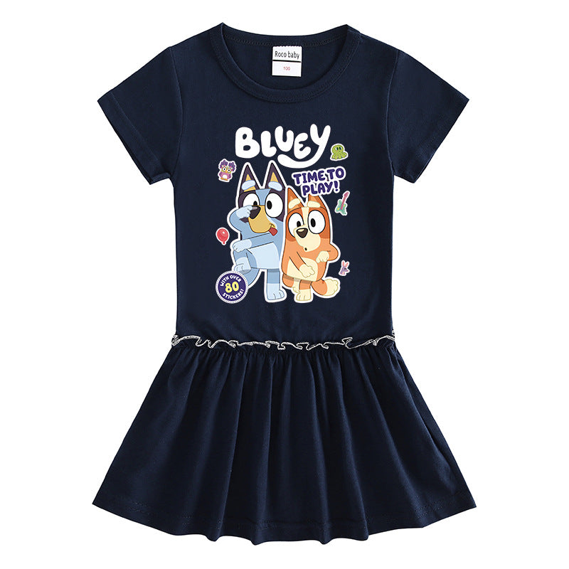 Children's Clothing Cartoon Half Sleeve Contrast Color Fashionable Pleated Children's Dress