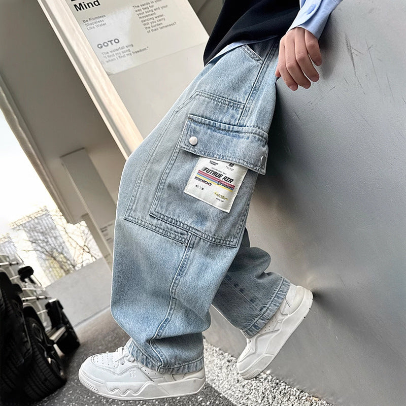 Children's Jeans Straight Older Boy Sports Overalls Children's Pants