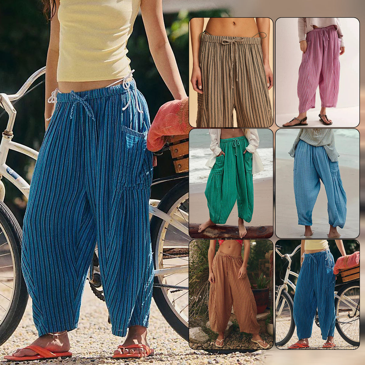 Women's Stripes Elastic Waist Cropped Pleated Breathable Casual Pants
