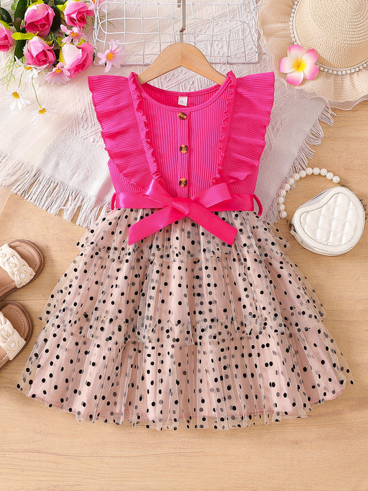 Flying Sleeves Polka Dot Mesh Princess Western Net Yarn Children's Dress