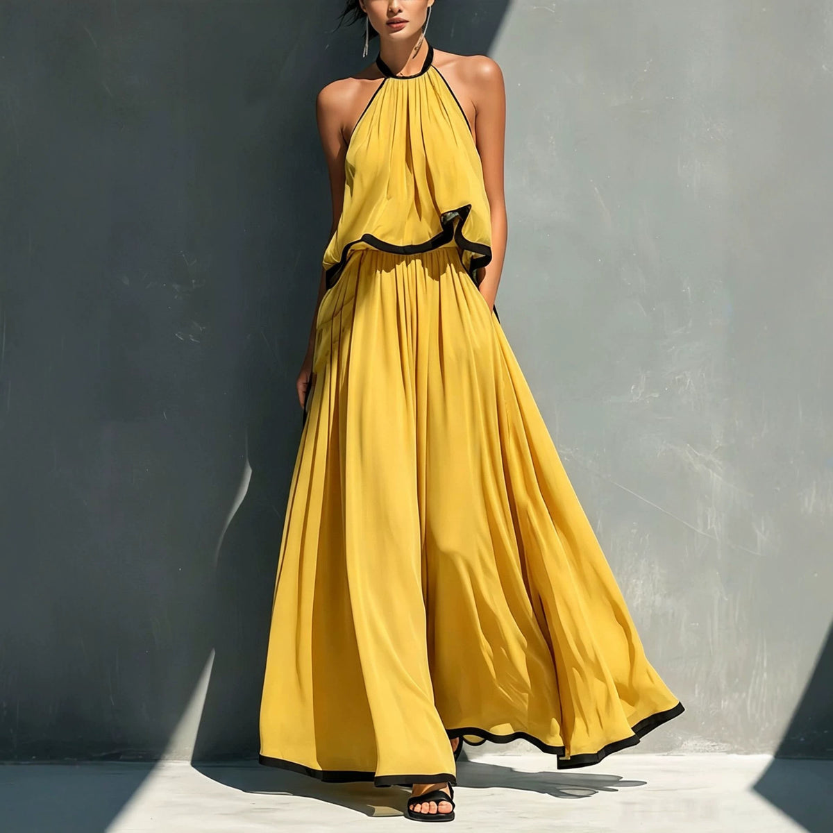 Halter Sleeveless High Waist Big Swing Long High-grade Chiffon Two-piece Fashion Casual Suit