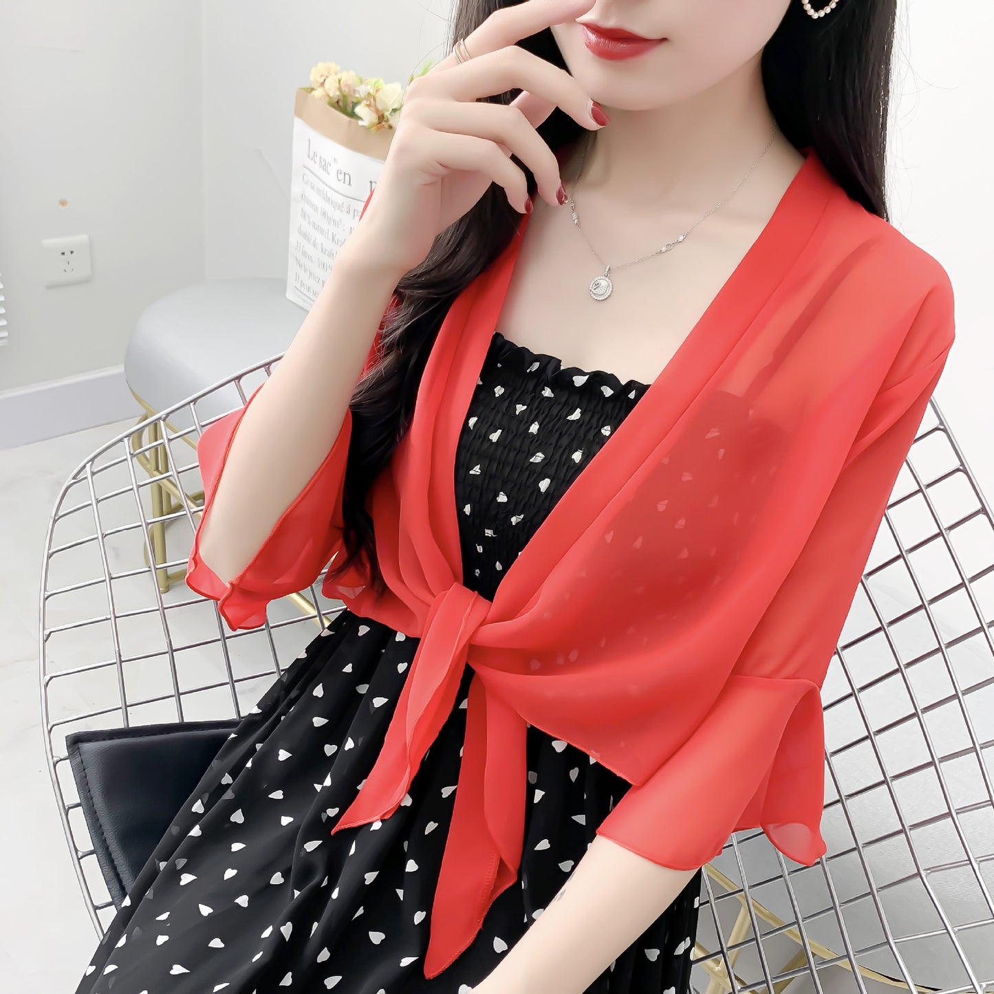 Women's Fairy Sun Protection Summer Lightweight Breathable Sling Dress Small Lace Shirt, Chiffon Shirt