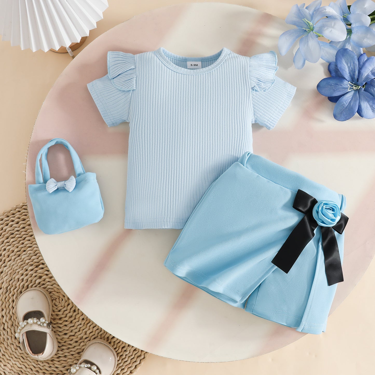 Summer Short Sleeve Sunken Stripe Top Bow Flower Bag Three-piece Children's Suit