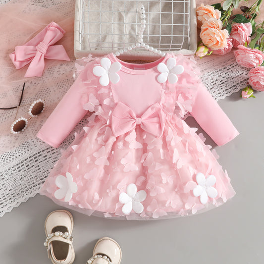 Knitted Fabric Butterfly Mesh Stitching Solid Color Long Sleeve Children's Dress