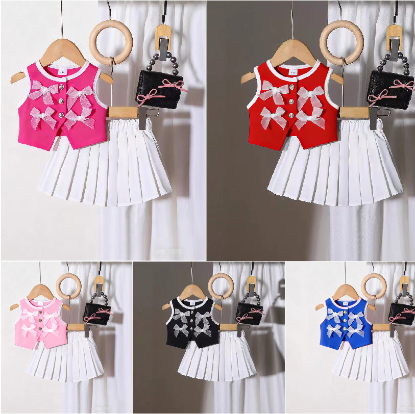 Comfortable Fashion Bow Vest Pleated Skirt Children's Suit