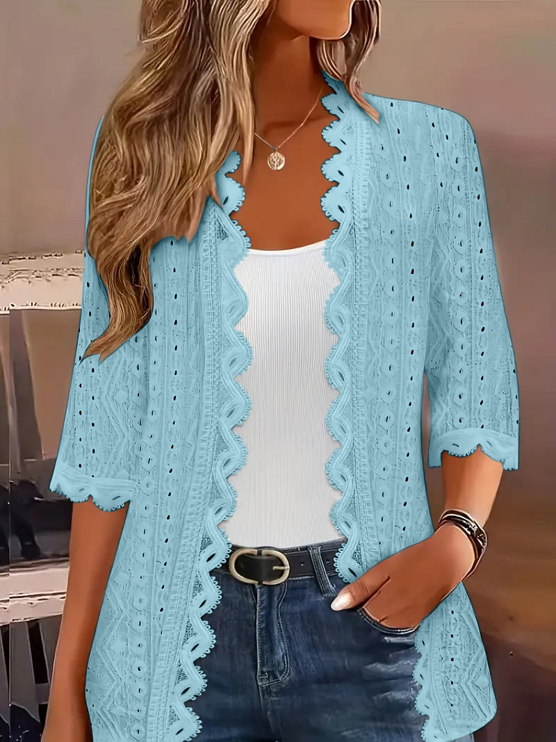 Women's Half Sleeve Knitted Hollow Lace Neckline Women's T-shirt
