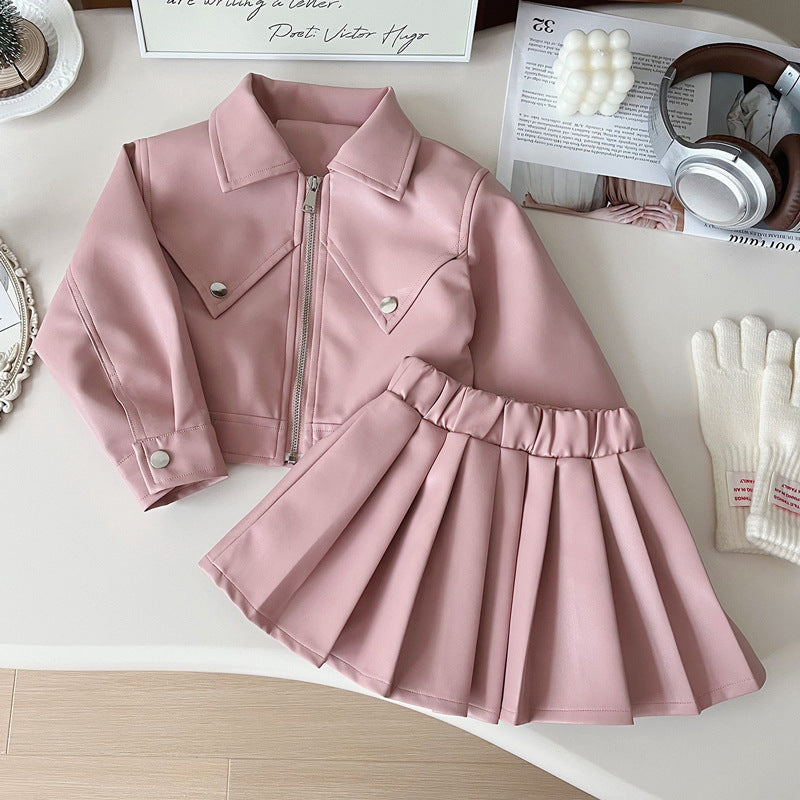 Children's Autumn Leather Little Korean Fashion Motorcycle Clothing Coat Pleated Skirt Children's Suit
