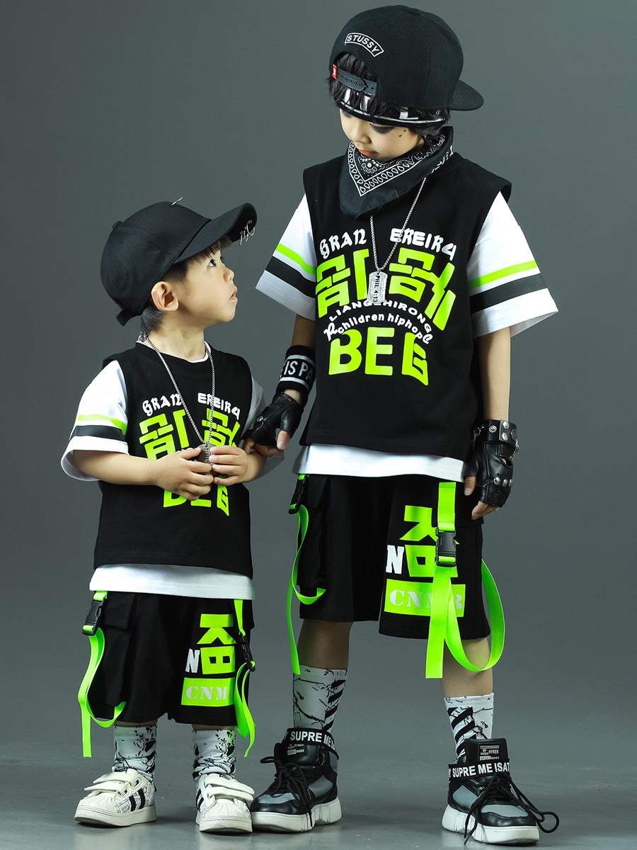 Children's Summer Hip Hop Costume Sports Fashionable Short Sleeve Three-piece Set Children's Suit