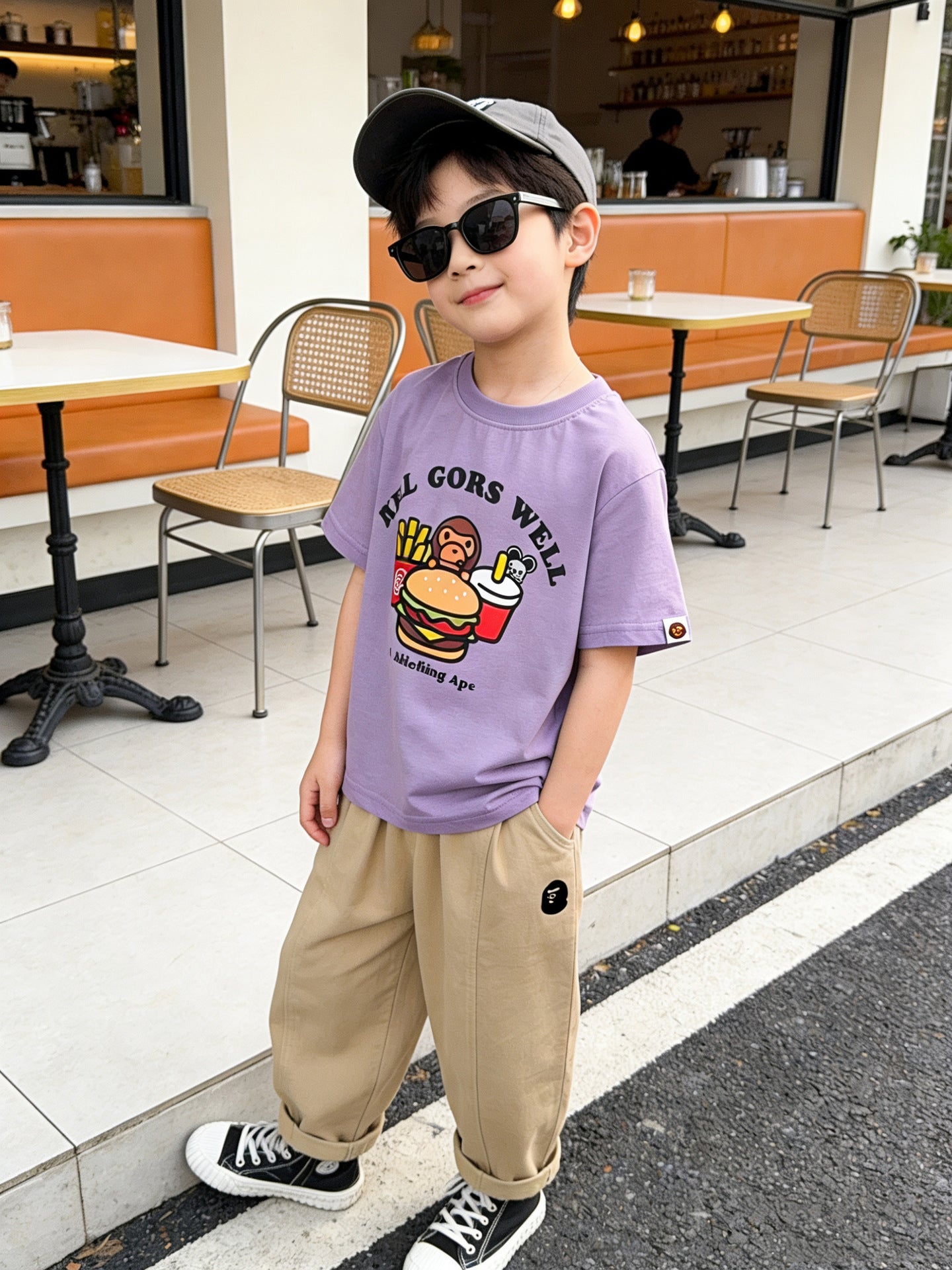 Children's Summer Solid Color Cartoon Printing Sports Casual Fashion Fashionable Children's T-shirt