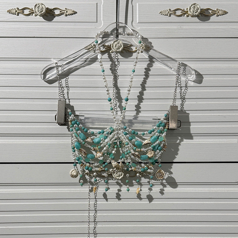 Fashion Beaded Halter Cut-out Gem Pearl Shell Backless Underwaist Sexy Tops