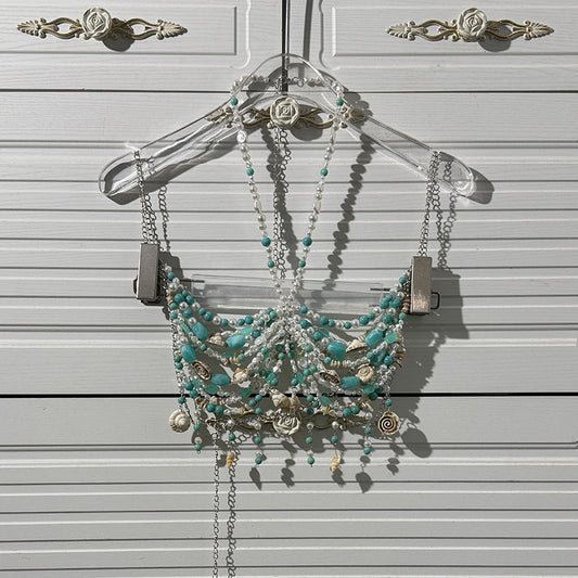 Fashion Beaded Halter Cut-out Gem Pearl Shell Backless Underwaist Sexy Tops