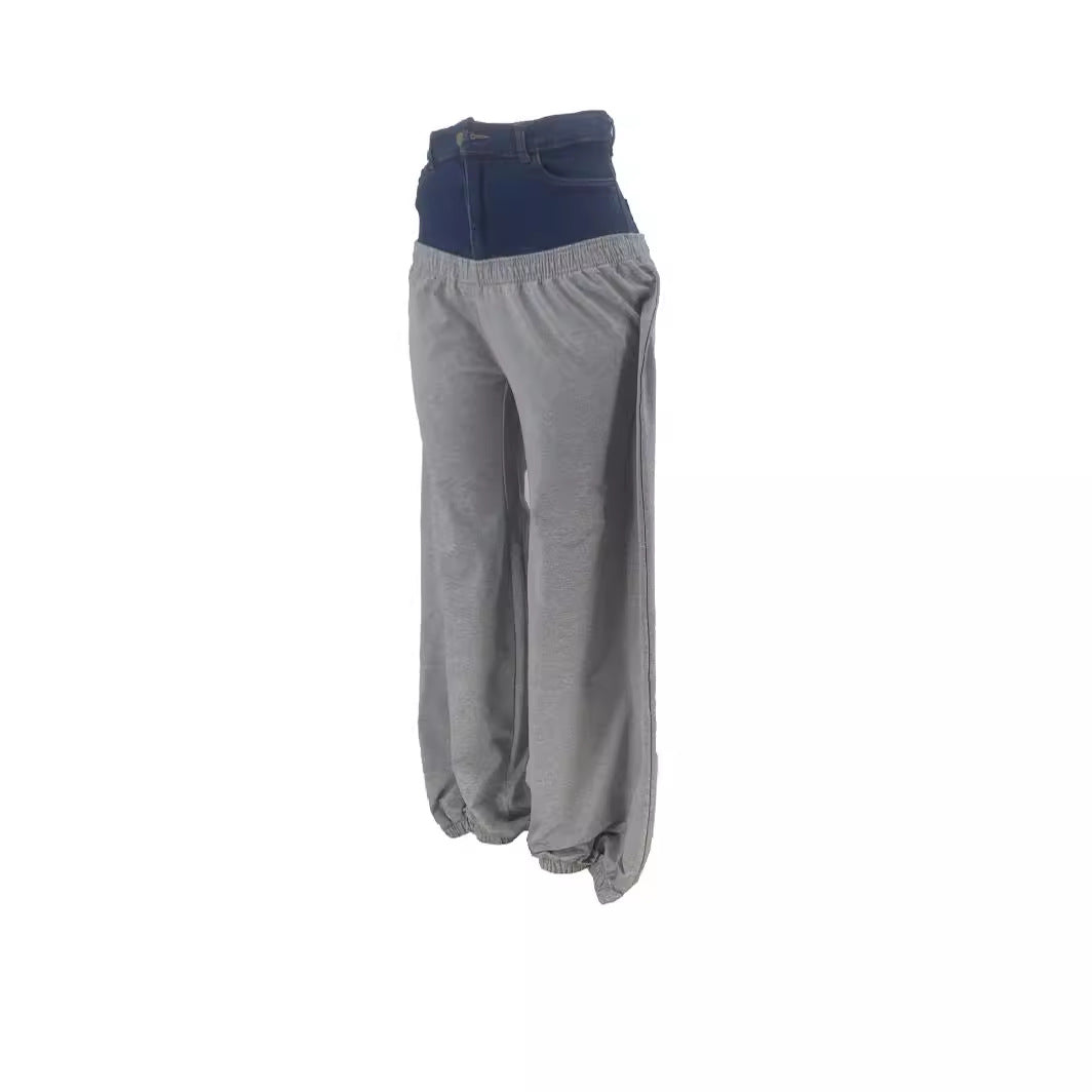 Stylish Women's Denim Knitted Stitching Long Casual Pants