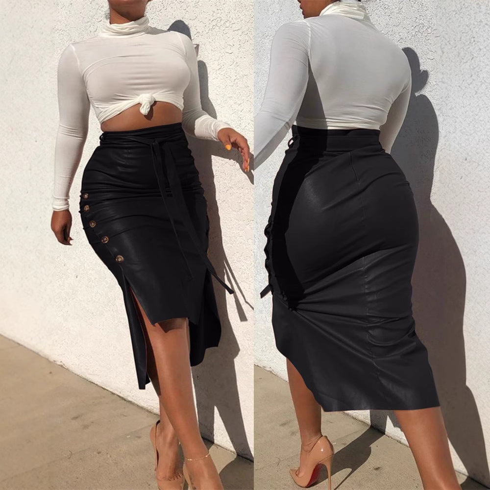 Durable Women's Leather Slit Mid-length Sheath Skirt