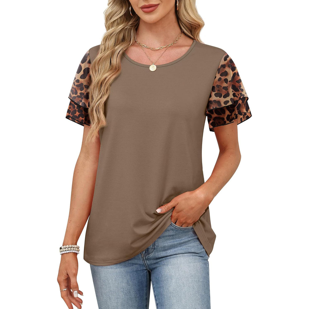 Women's Round Neck Printed Contrast Color Double Tops