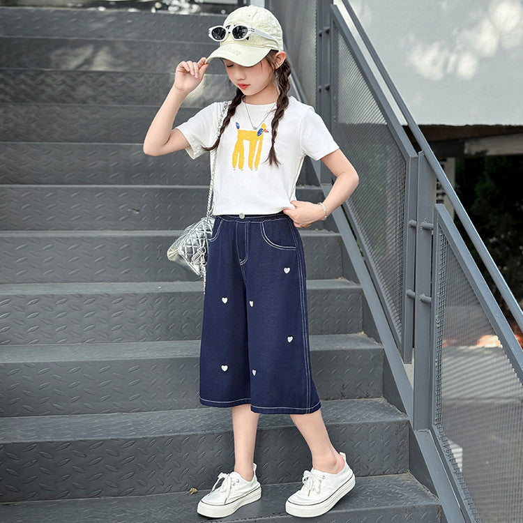 Summer Thin Medium Large Love Embroidered Cropped Junior High School Children's Pants