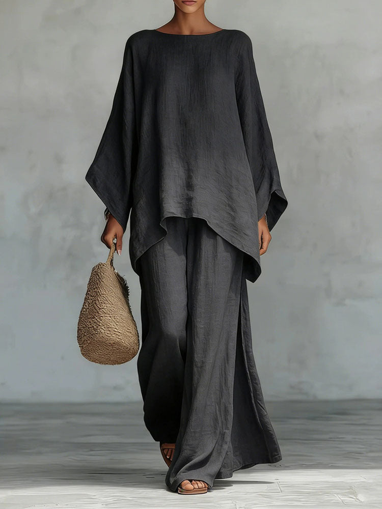 Women's Loose Linen Blended Solid Color Shirt Wide Fashion Casual Suit