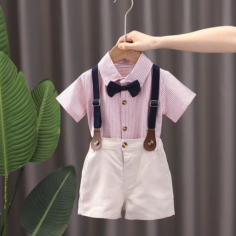 Children's Small Older Short Sleeve Summer Vertical Bar Bow Children's Suit