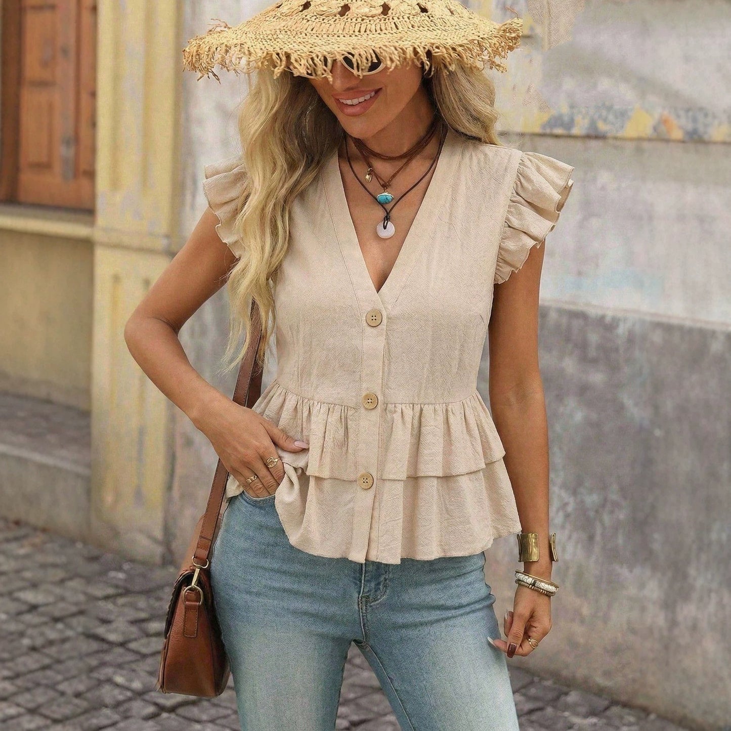 Women's Color Single-breasted Ruffled Hem Casual Shirt Blouse