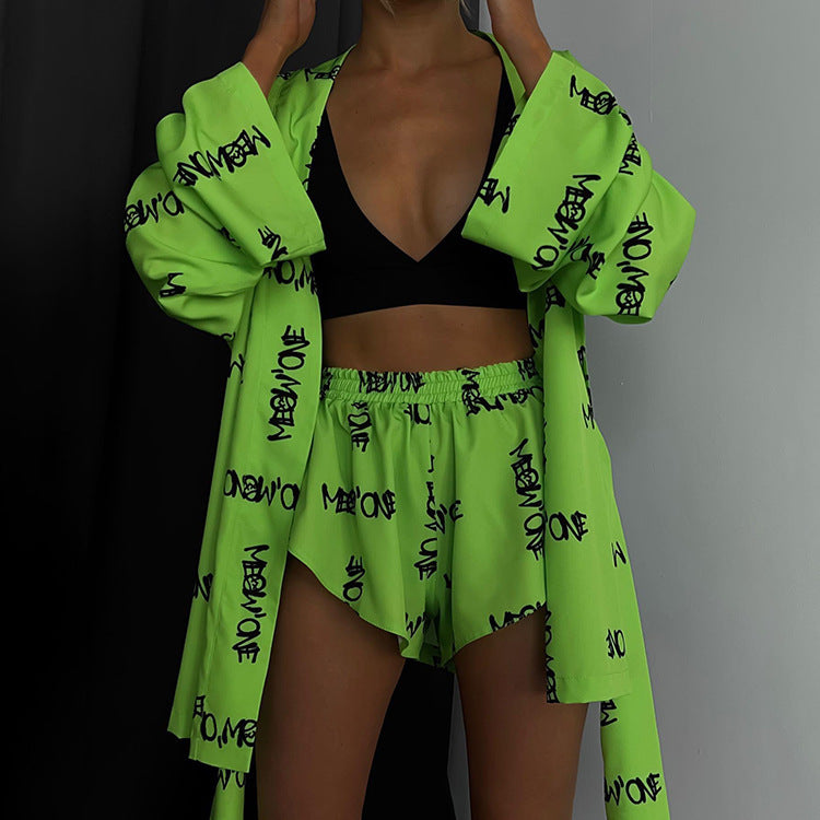 Women's Printed Wear Lace Up Long Sleeve Pajamas Fashion Casual Suit