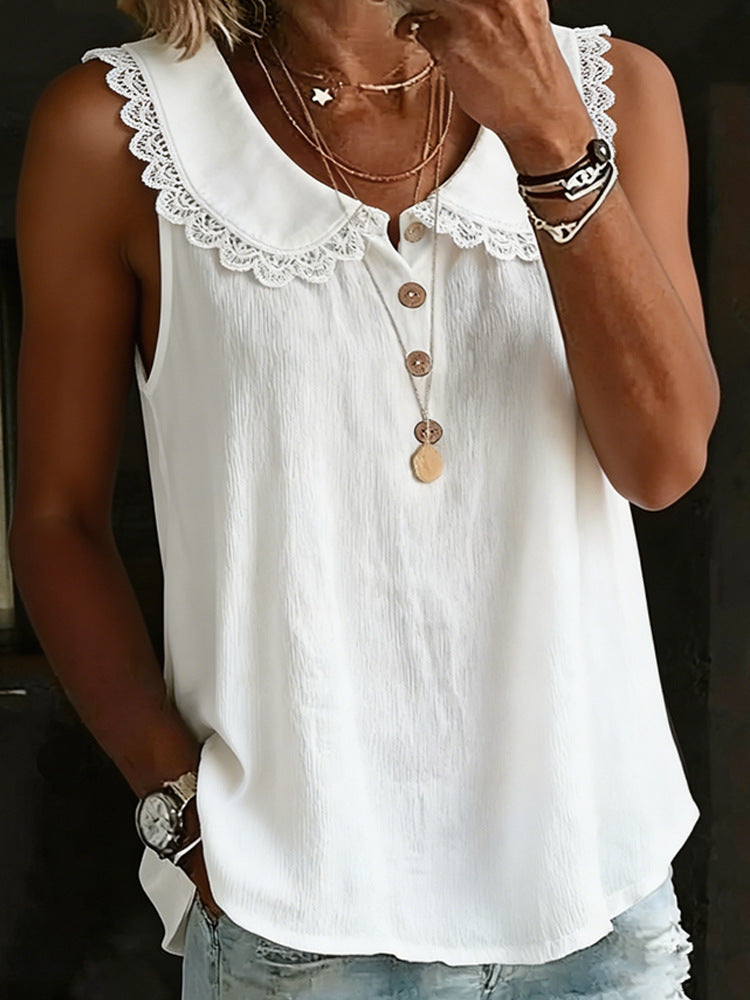 Women's Summer Loose Solid Color Fashion Design Lapel Lace Blouse