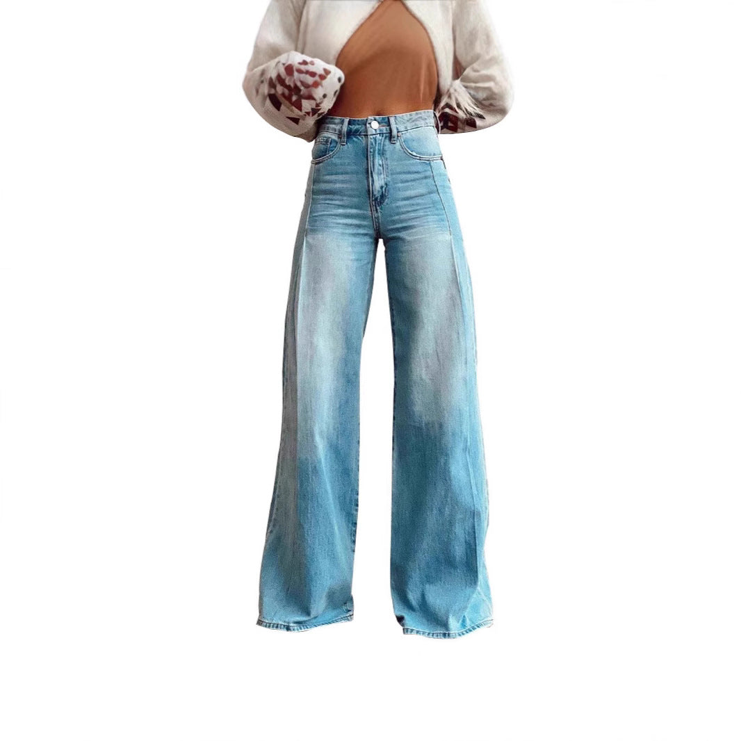 Retro Wide Leg Fashion High Waist Design Mop Denim Trousers Women's Jeans