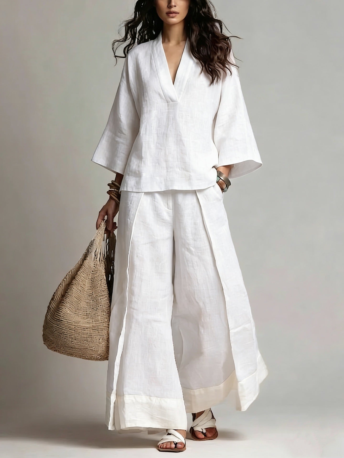 Women's Cotton Linen French Style Three-quarter Sleeve Shirt Contrast Color Suits
