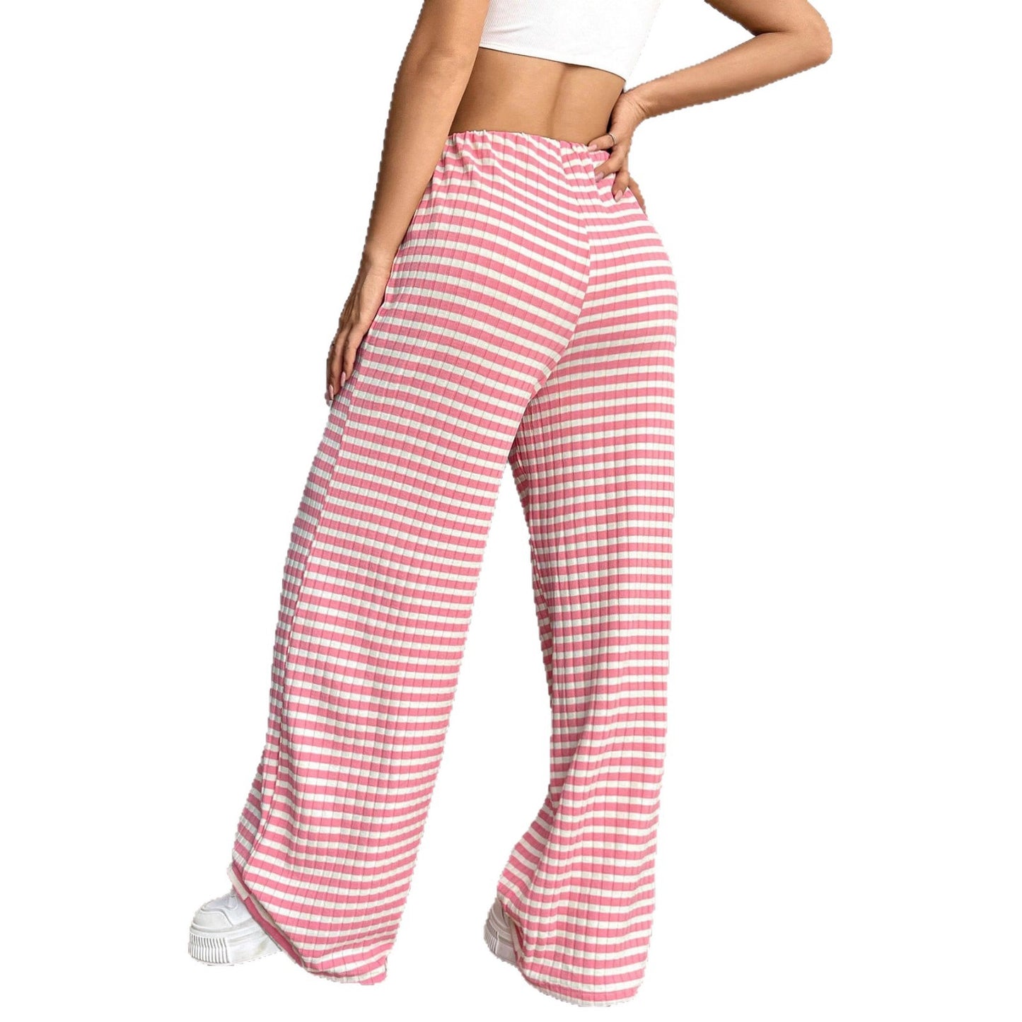Women's Striped Solid Color Rubber Band Drawstring Casual Pants