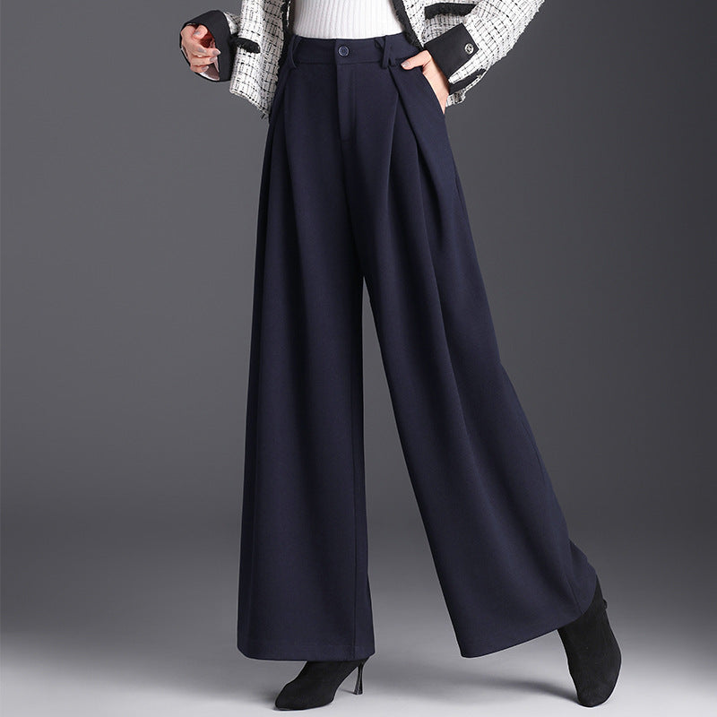 Women's Woolen High Waist Commuter Loose Cover Wide Leg Draping Casual Pants
