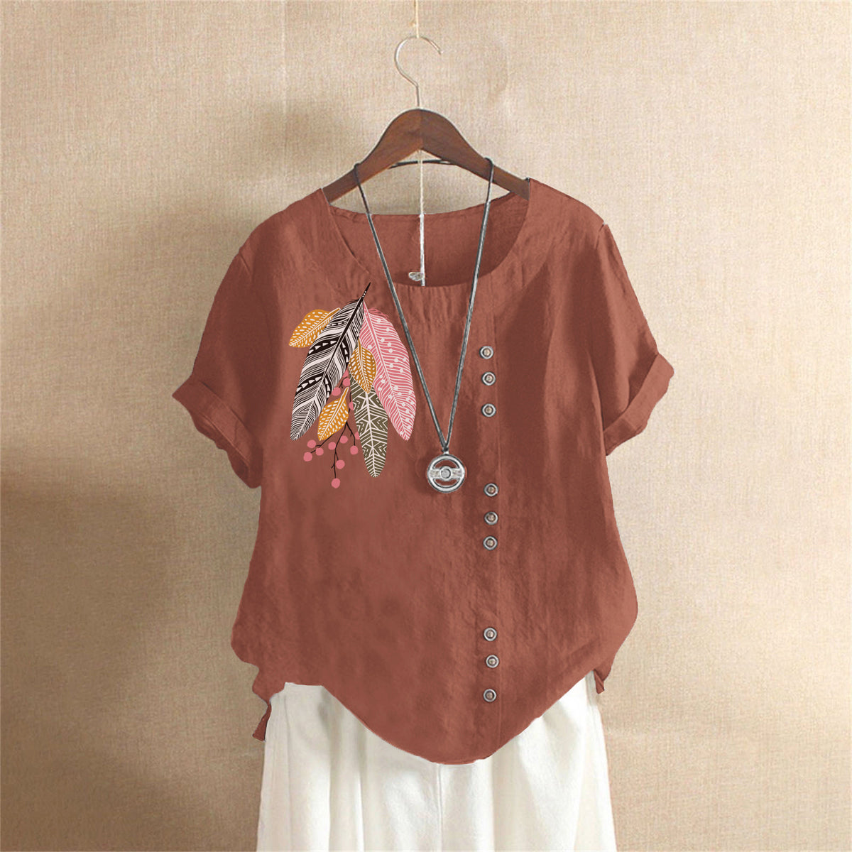 Women's Summer Retro Large Casual Loose Cotton Linen Sleeve Women's T-shirt