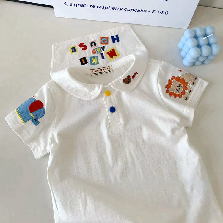 Children's Cartoon Embroidery Navy Style Short Sleeve Top Cute Children's T-shirt