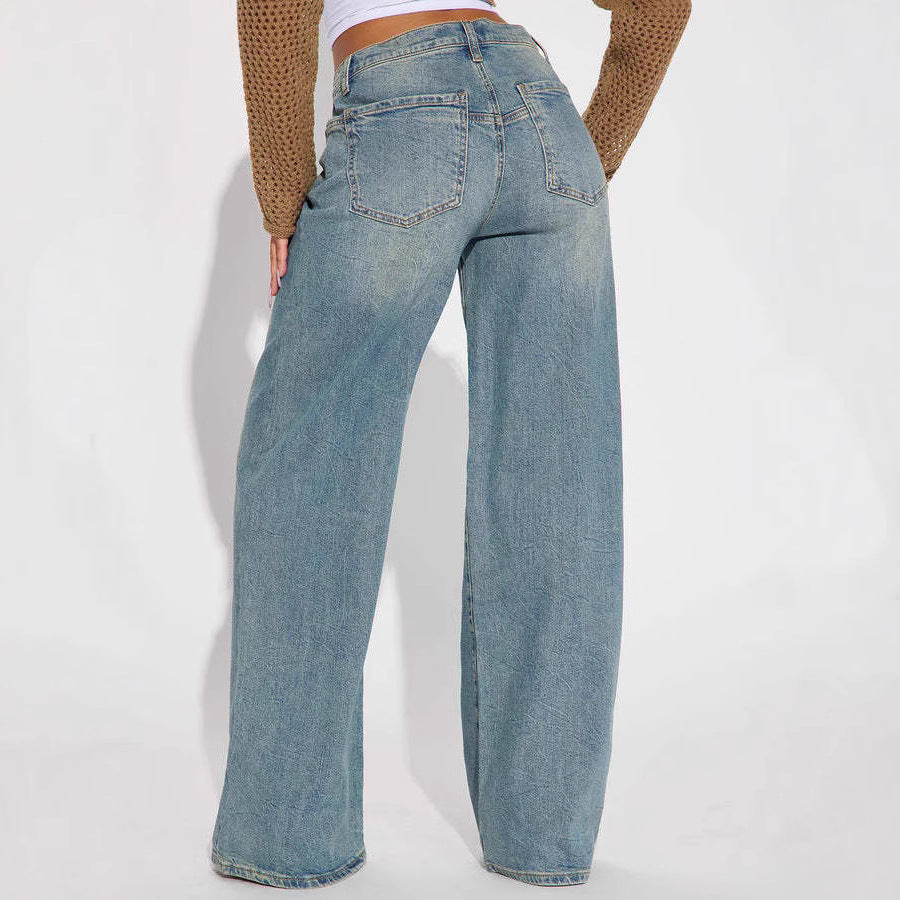 Women's Spring Retro Wide Leg Embroidered Elastic Straight Casual Jeans