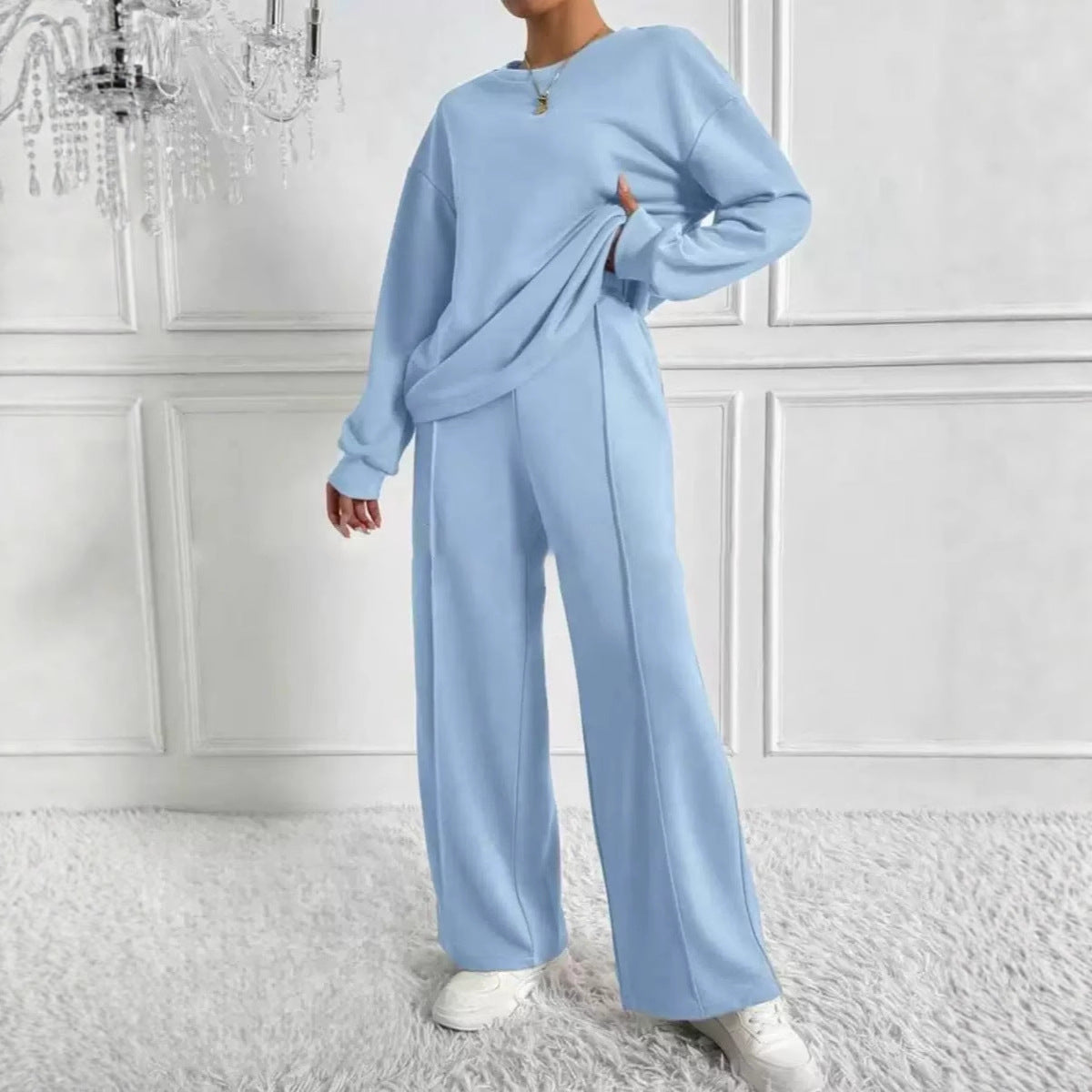 Women's Solid Color Round Neck Long-sleeved Trousers Fashion Casual Suit