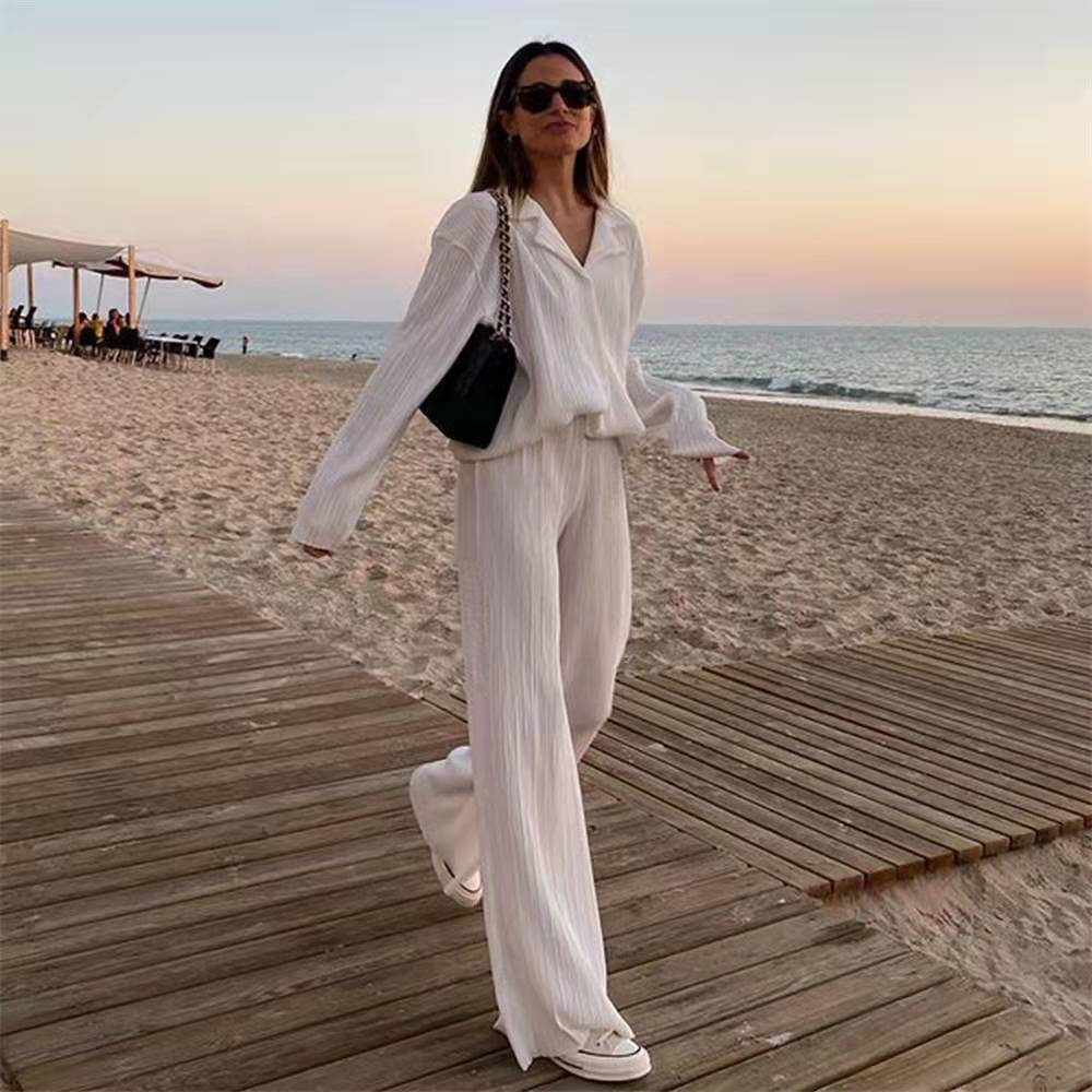 Solid Color Texture Loose Slimming Pleated Casual Pants