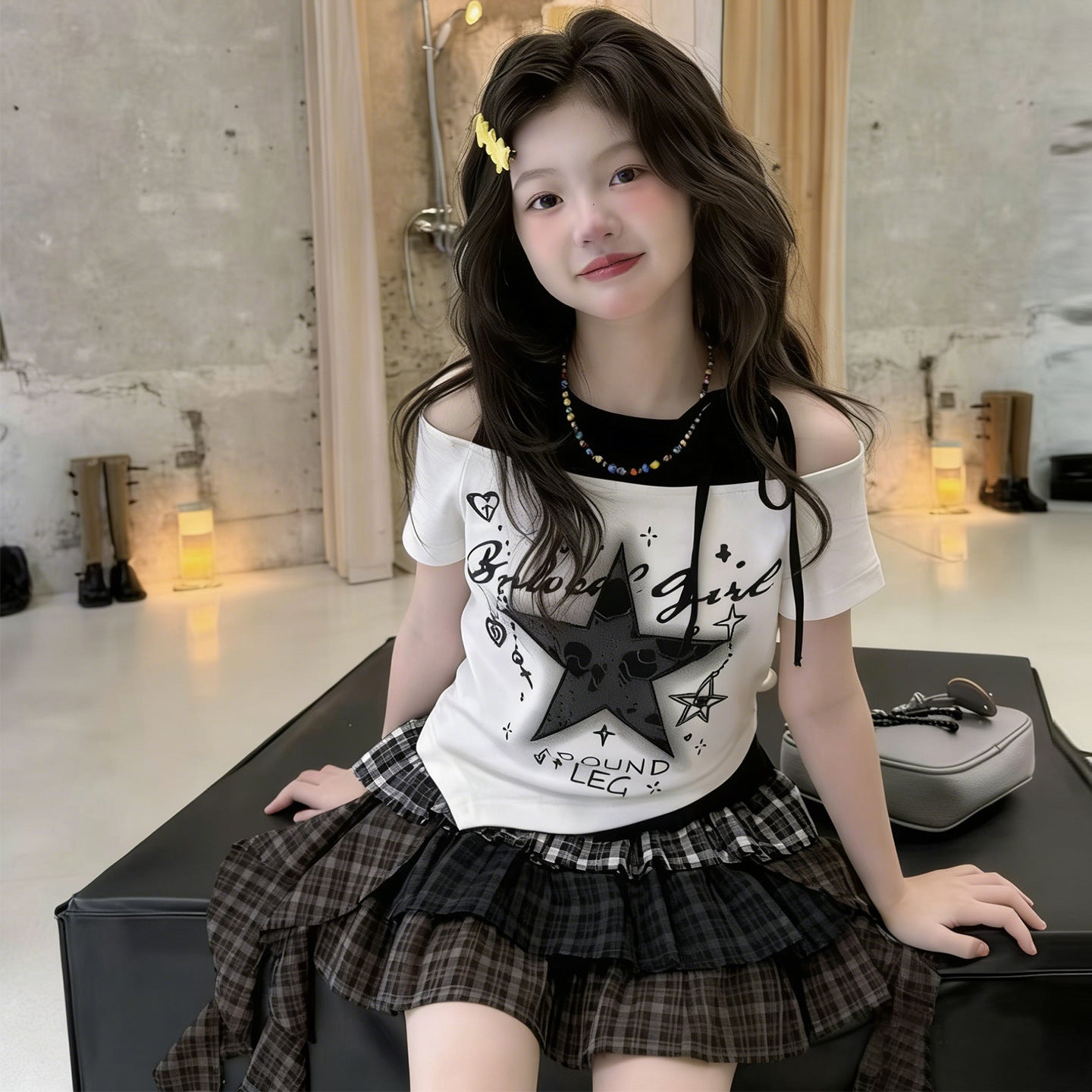 Children's Summer Fried Street Thin Short Sleeve Lace Tartan Children's Suit